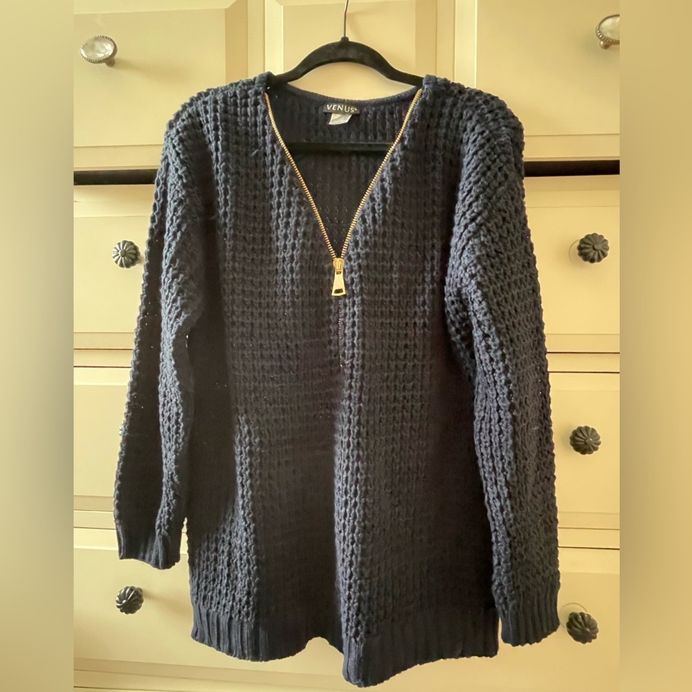 Venus Navy Knit Sweater with Gold Zipper
